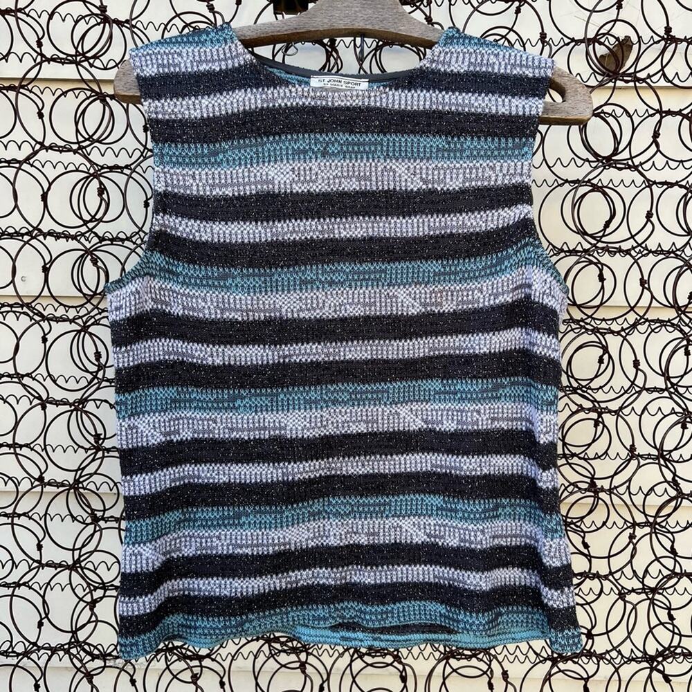 ST. JOHN SPORT BY MARIE GRAY sleeveless blouse tank top blue black silver stripe